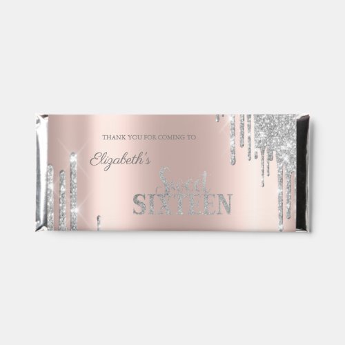 Modern Silver Glitter Drips Rose Gold  Sweet 16 Hershey Bar Favors