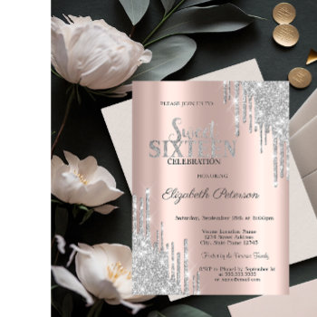 Modern Silver Glitter Drips Rose Gold  Sweet 16 Invitation by Biglibigli at Zazzle