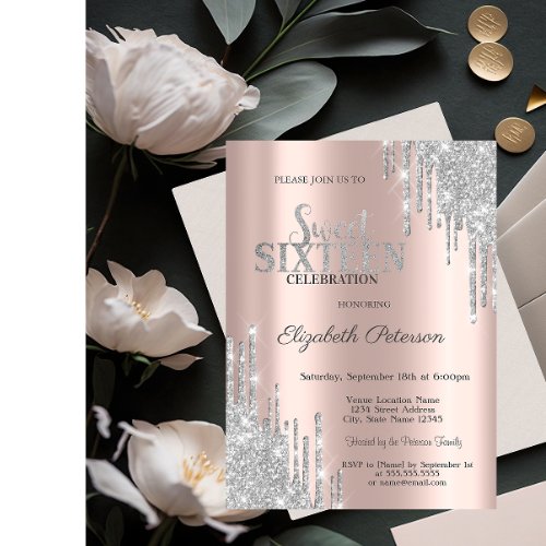Modern Silver Glitter Drips Rose Gold  Sweet 16 Invitation