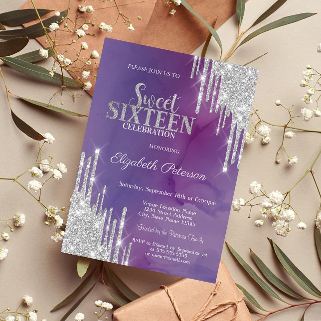 Modern Silver Glitter Drips Violet Sweet 16  Invitation (Creator Uploaded)