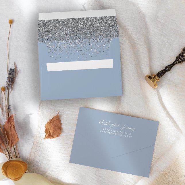 Modern Silver Glitter Dusty Blue Wedding Envelope (Creator Uploaded)