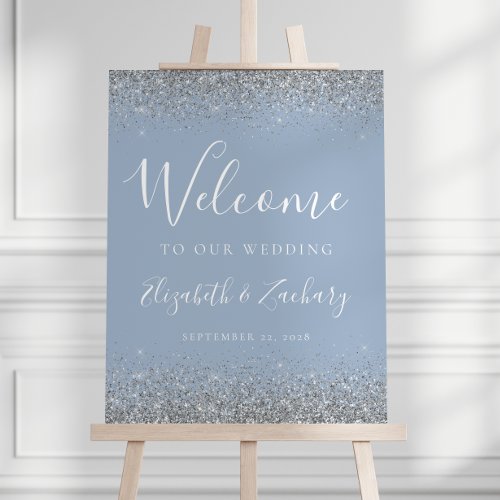Modern Silver Glitter Dusty Blue Wedding Welcome Foam Board
