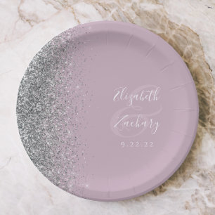 Modern Silver Glitter Dusty Lilac Wedding Paper Plates