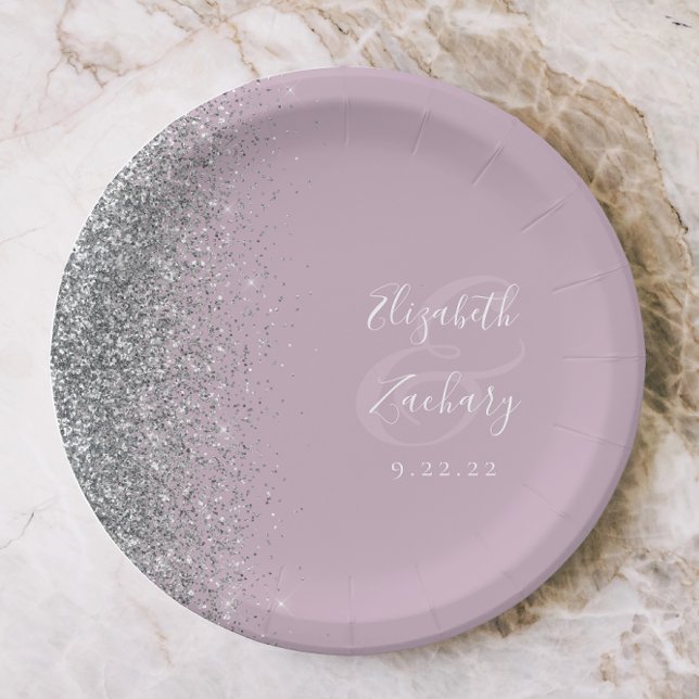 Modern Silver Glitter Dusty Lilac Wedding Paper Plates (Creator Uploaded)