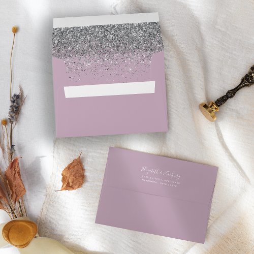 Modern Silver Glitter Dusty Purple Wedding Envelope