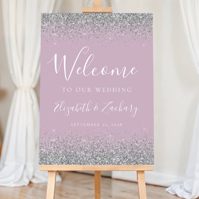 Modern Silver Glitter Dusty Purple Wedding Welcome Foam Board (Creator Uploaded)