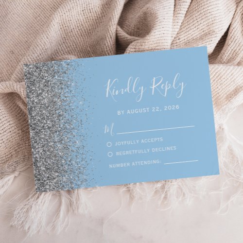 Modern Silver Glitter Edge Pastel Baby Blue RSVP Card