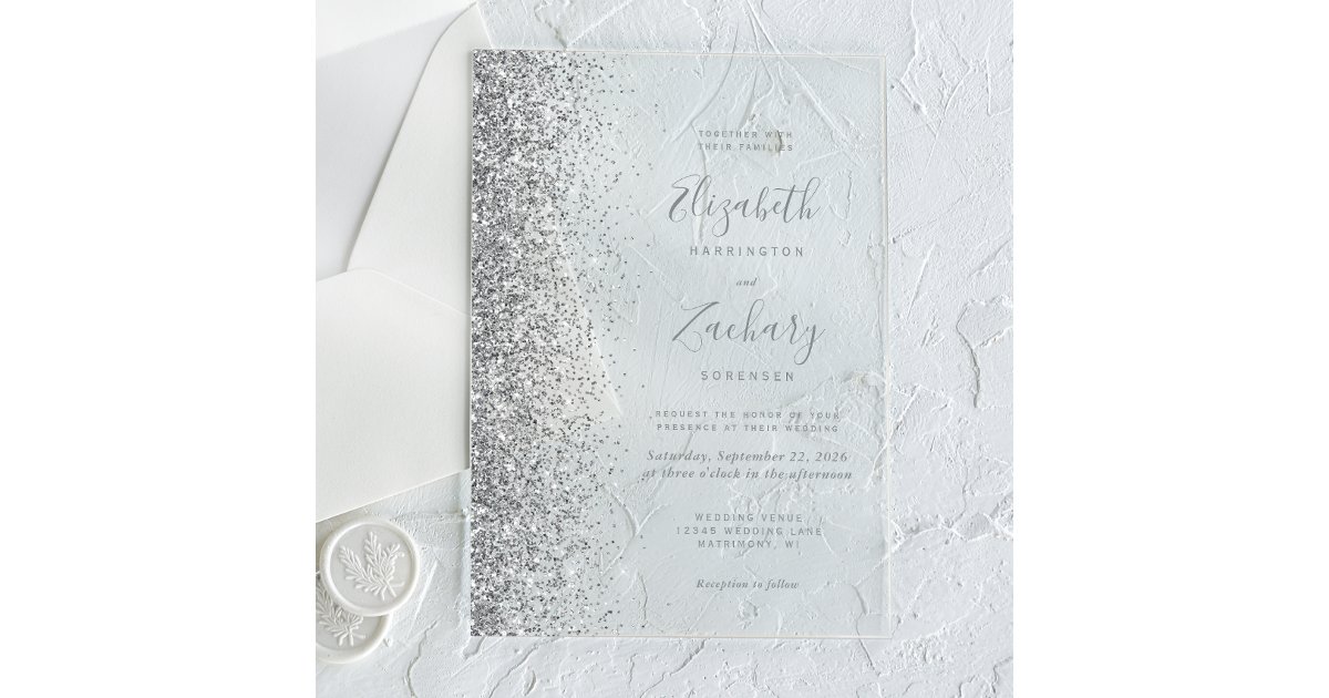 Modern Silver Glitter Edge Wedding Acrylic Invitations | Zazzle