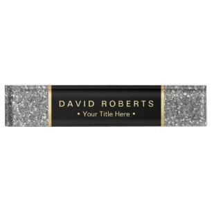 Modern Silver Glitter Elegant Black Label Desk Name Plate