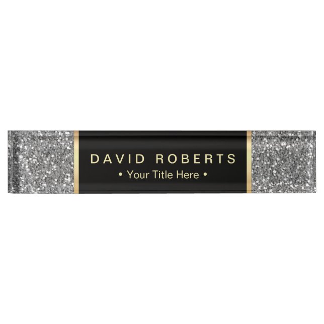 Modern Silver Glitter Elegant Black Label Desk Name Plate (Front)