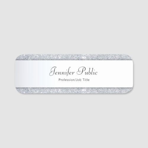 Modern Silver Glitter Elegant Hand Script Template Name Tag