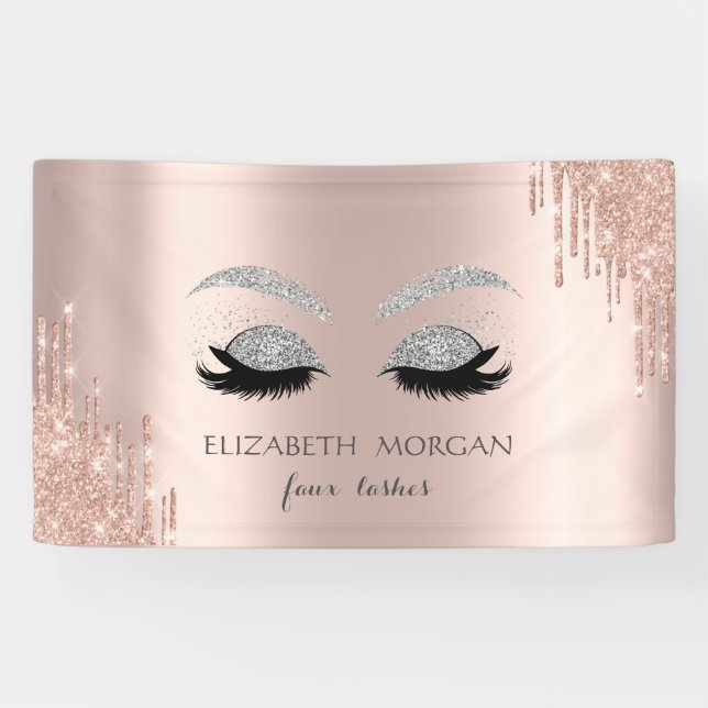 Modern Silver Glitter Faux Lashes Rose Gold Drips Banner (Horizontal)