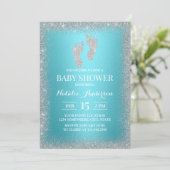 Modern Silver Glitter Feet Turquoise Baby Shower Invitation (Standing Front)