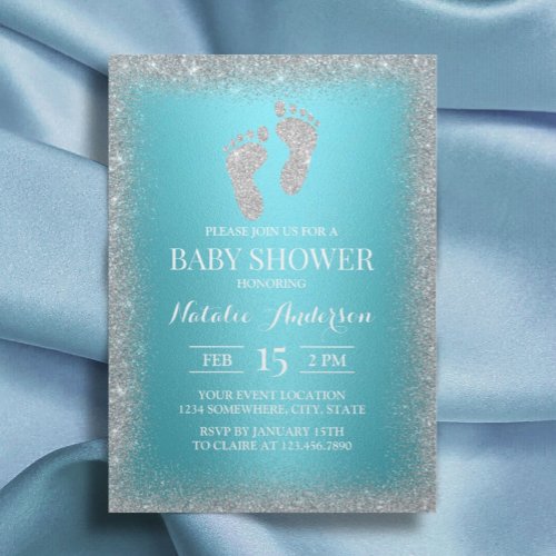 Modern Silver Glitter Feet Turquoise Baby Shower Invitation