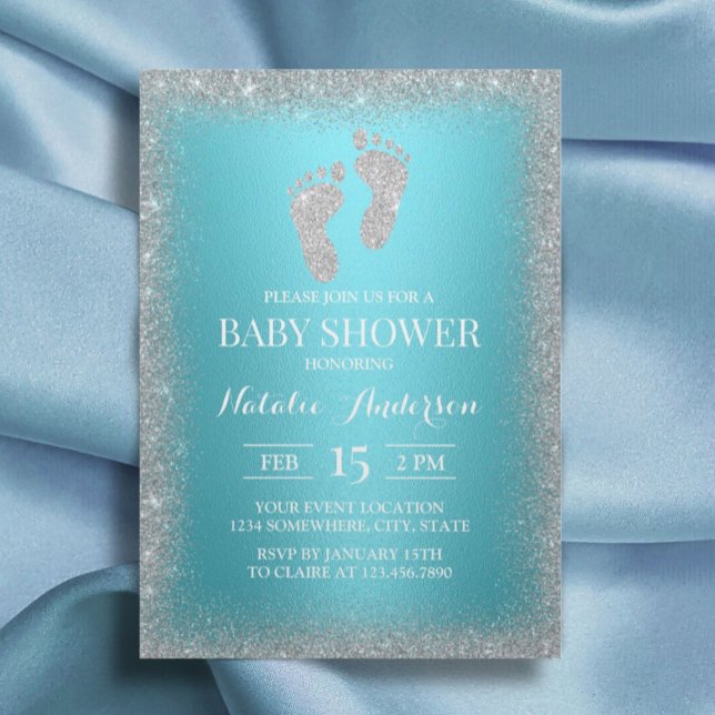 Modern Silver Glitter Feet Turquoise Baby Shower Invitation