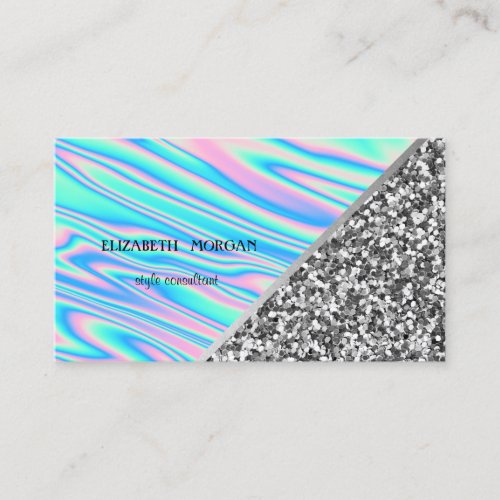 Modern Silver Glitter Geometric Holographic Business Card