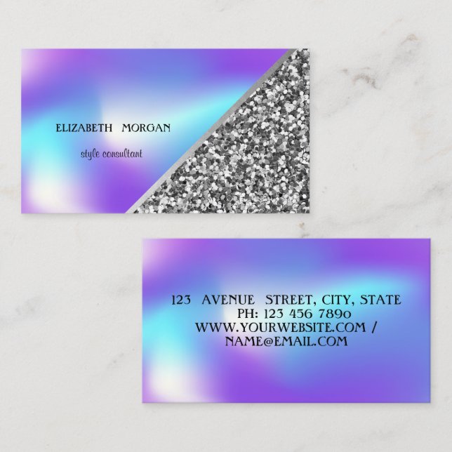 Modern Silver Glitter, Geometric,OmbreHolographic Business Card (Front/Back)