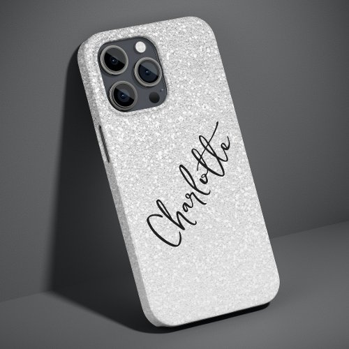 Modern Silver Glitter Girly Chic Personalized Name Case_Mate iPhone 14 Pro Max Case