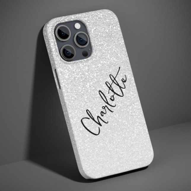 Modern Silver Glitter Girly Chic Personalized Name Case-Mate iPhone Case (Creator Uploaded)