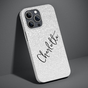 Modern Silver Glitter Girly Chic Personalized Name iPhone 14 Pro Max Case