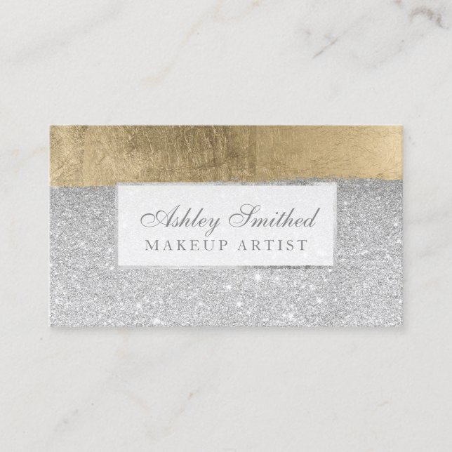 Modern silver glitter gold brushstrokes makeup business card (Front)