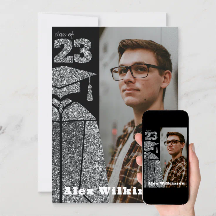 Modern Silver Glitter GRAD Cap Gown Graduation Invitation Zazzle