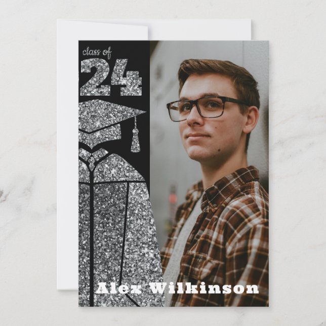 Modern Silver Glitter GRAD Cap Gown Graduation Invitation (Front)