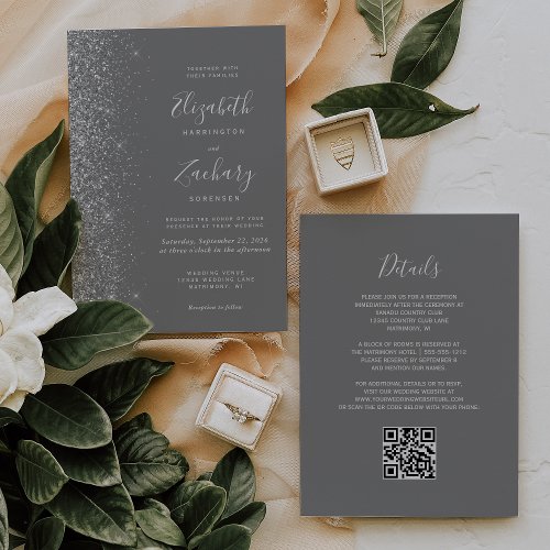 Modern Silver Glitter Gray QR Code Wedding Invitation