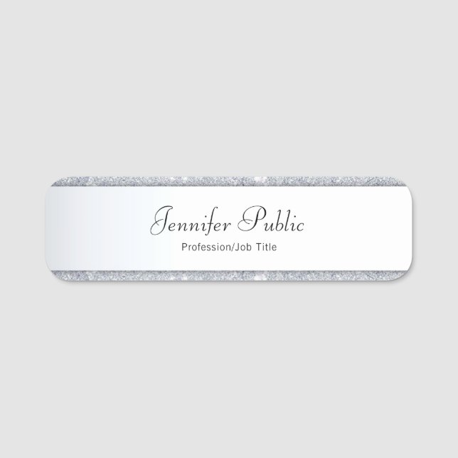 Modern Silver Glitter Handwriting Elegant Script Name Tag (Front)