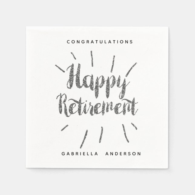 Modern Silver Glitter Happy Retirement Napkins (Front)