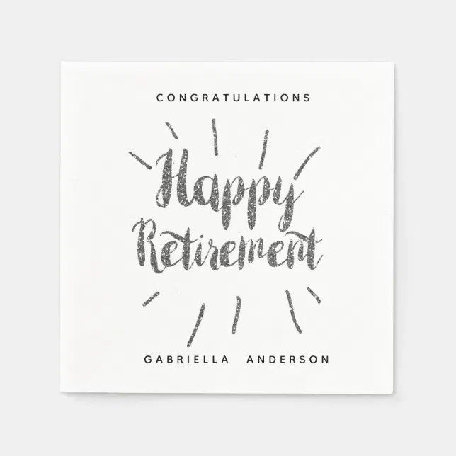 Modern Silver Glitter Happy Retirement Napkins | Zazzle