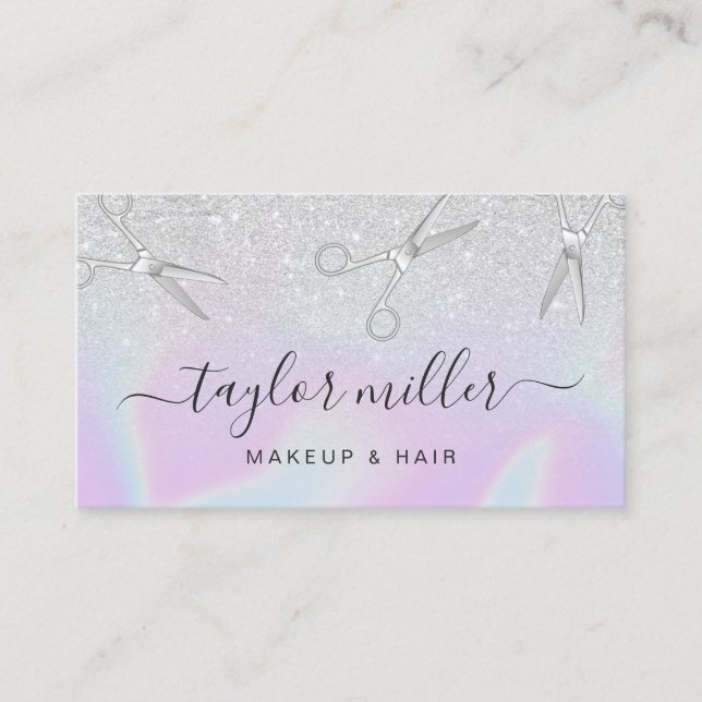 Modern silver glitter holographic hairstylist business card (Front)