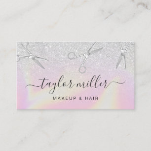 Modern silver glitter holographic hairstylist business card