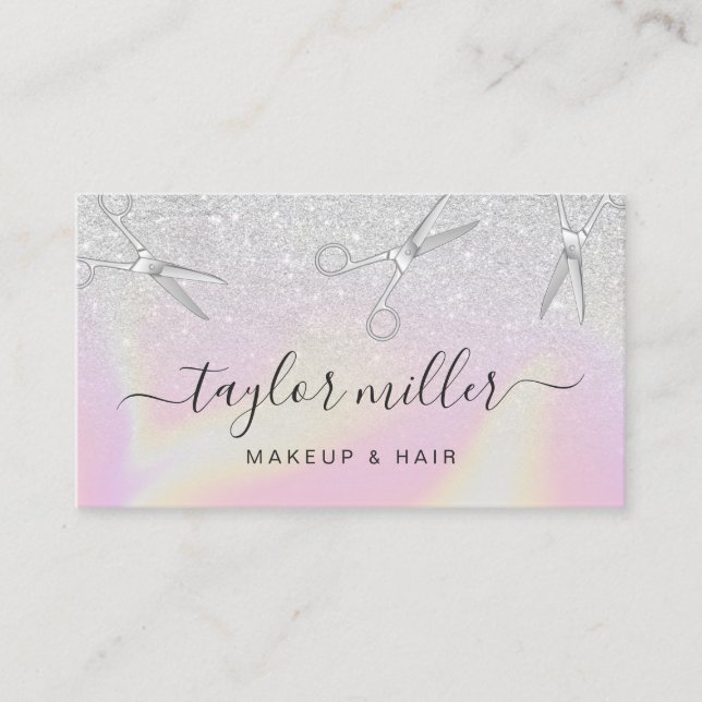 Modern silver glitter holographic hairstylist business card (Front)