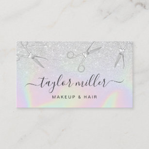 Modern silver glitter holographic hairstylist business card