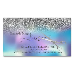 Modern Silver Glitter,Holographic,  Scissors Hair Business Card Magnet