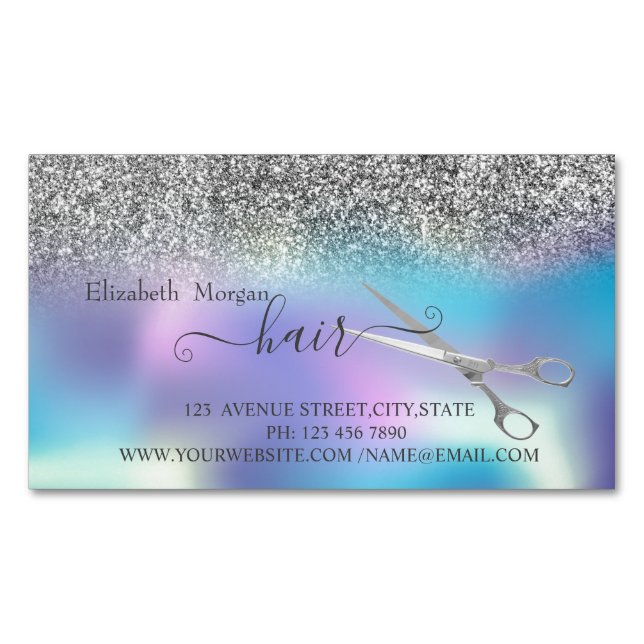 Modern Silver Glitter,Holographic,  Scissors Hair Business Card Magnet (Front)