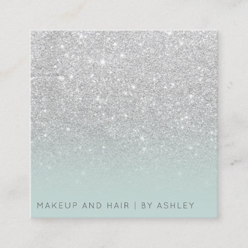 Modern silver glitter ice teal makeup professional square business card