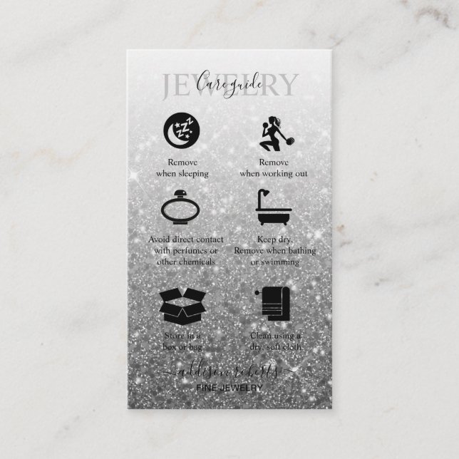 Modern Silver Glitter Jewelry Care  Business Card (Front)