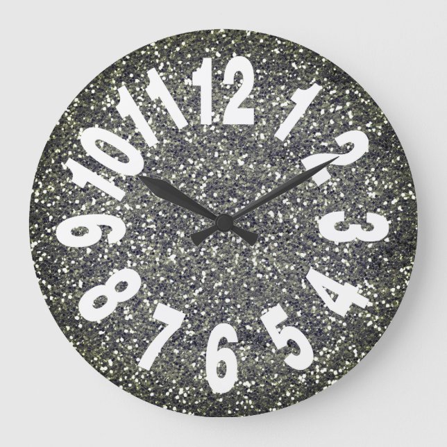 Modern Silver Glitter Large Numbers Large Clock (Front)