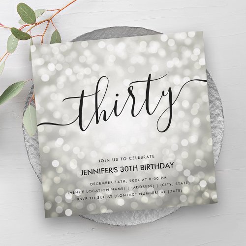 Modern Silver Glitter Lights 30th Birthday  Invitation