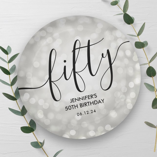 Modern Silver Glitter Lights 50th Birthday  Paper Plates (Modern Silver Glitter Lights 50th Birthday Paper Plates)