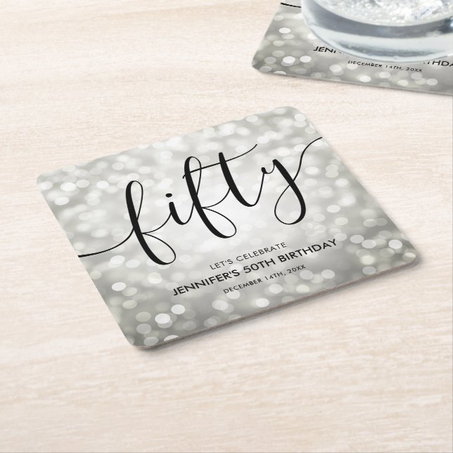 Modern Silver Glitter Lights 50th Birthday  Square Paper Coaster (Angled)