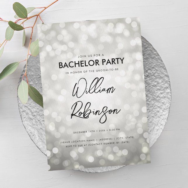 Modern Silver Glitter Lights Bachelor Party  Invitation (Modern Silver Glitter Lights Bachelor Party Invitation)