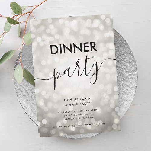 Modern Silver Glitter Lights Dinner Party  Invitation