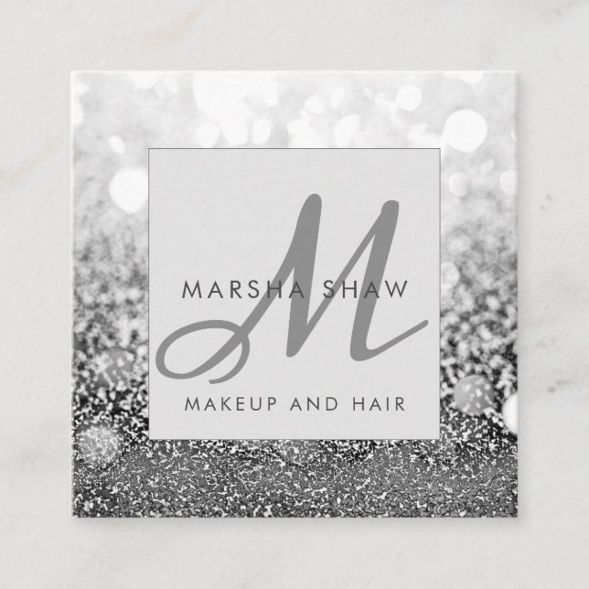 Modern Silver Glitter Makeup Artist Hair Salon Square Business Card (Front)