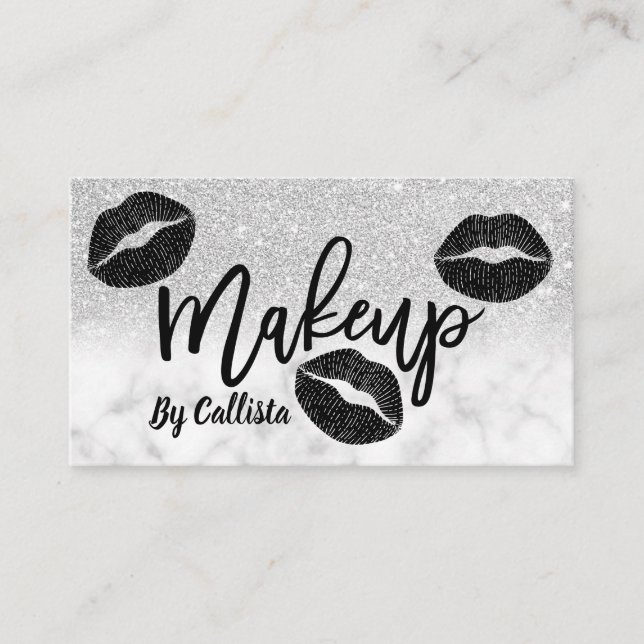 Modern Silver Glitter Marble Lips Makeup Artist Business Card (Front)