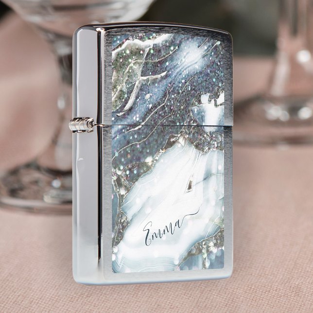 Modern silver glitter marble name personalized zippo lighter (Creator Uploaded)