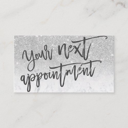 Modern silver glitter marble script typography appointment card