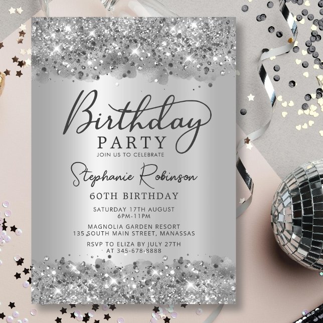 Modern Silver Glitter Metal Foil 60th Birthday Invitation (Creator Uploaded)
